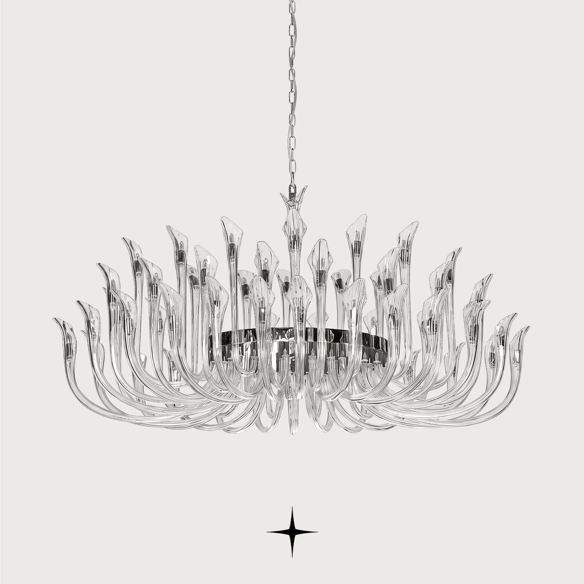Oval Flare luxury chandelier featuring radiating crystal tendrils and polished chrome oval canopy