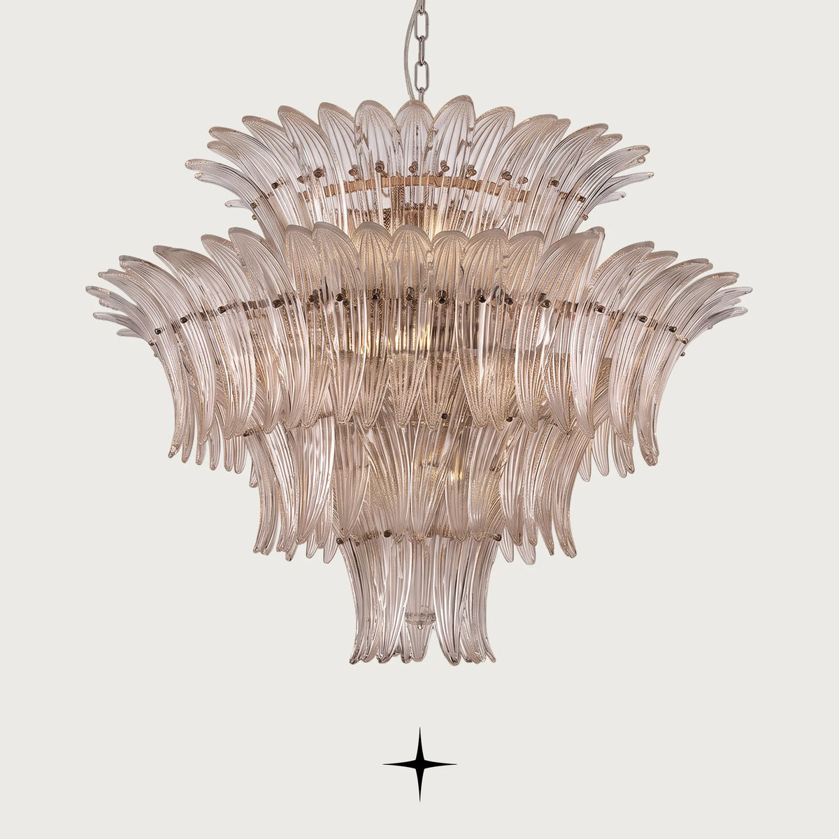 Grand Crown Chandelier featuring Murano-style leaf-shaped glass and golden frame in luxury design