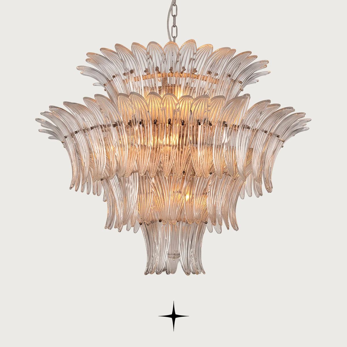 Grand Crown Chandelier featuring Murano-style leaf-shaped glass and golden frame in luxury design