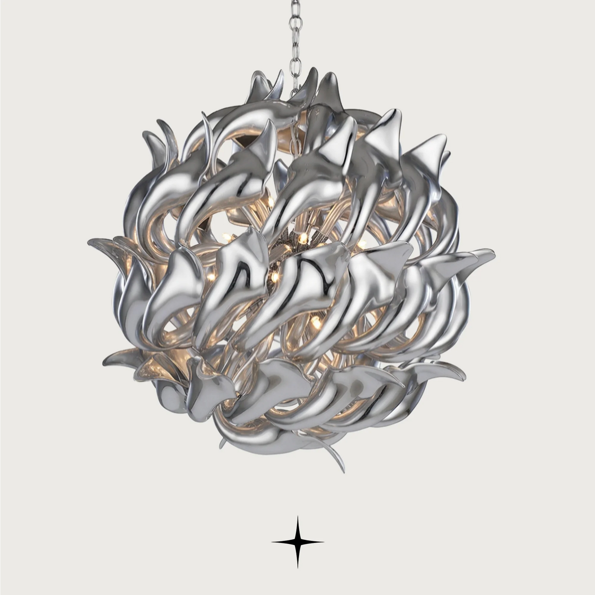 Grand Daria Chandelier featuring chic elongated crystal arms and white or silver rings available in two sizes.
