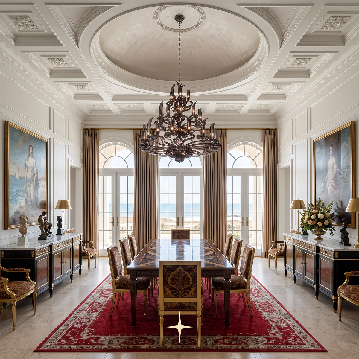 An ornate classical dining room with a large dark wood dining table, matching chairs, a red patterned area rug, and a large multi-light chandelier hanging from a coffered ceiling. The room features tall windows looking out to the sea, classical paintings on the walls, and decorative sideboards.