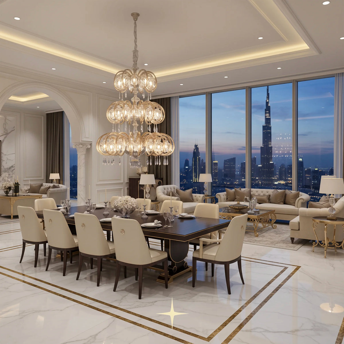 Grand Elegance crystal chandelier suspended in a modern luxury dining interior