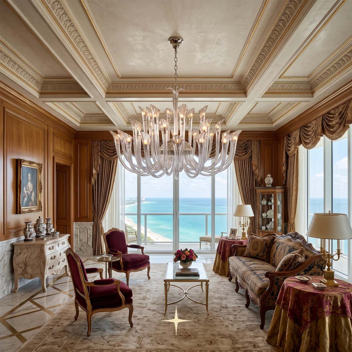 Grand Flare Chandelier featuring sophisticated curves and crystal elements casting enchanting light patterns.