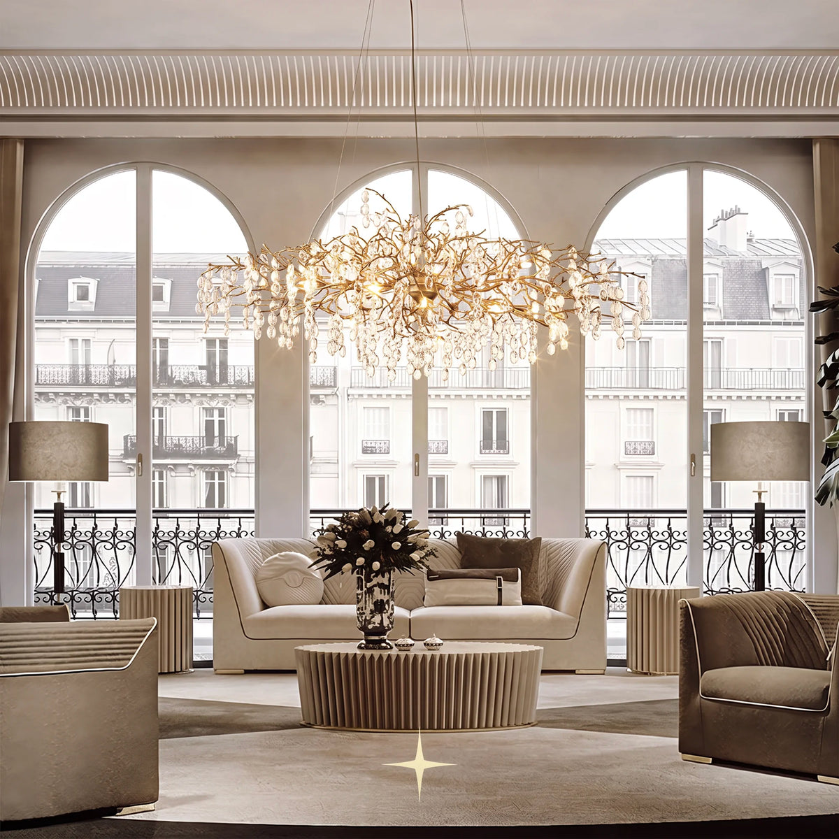 Grand Gloria crystal branch chandelier installed in a high-ceiling luxury living room interior