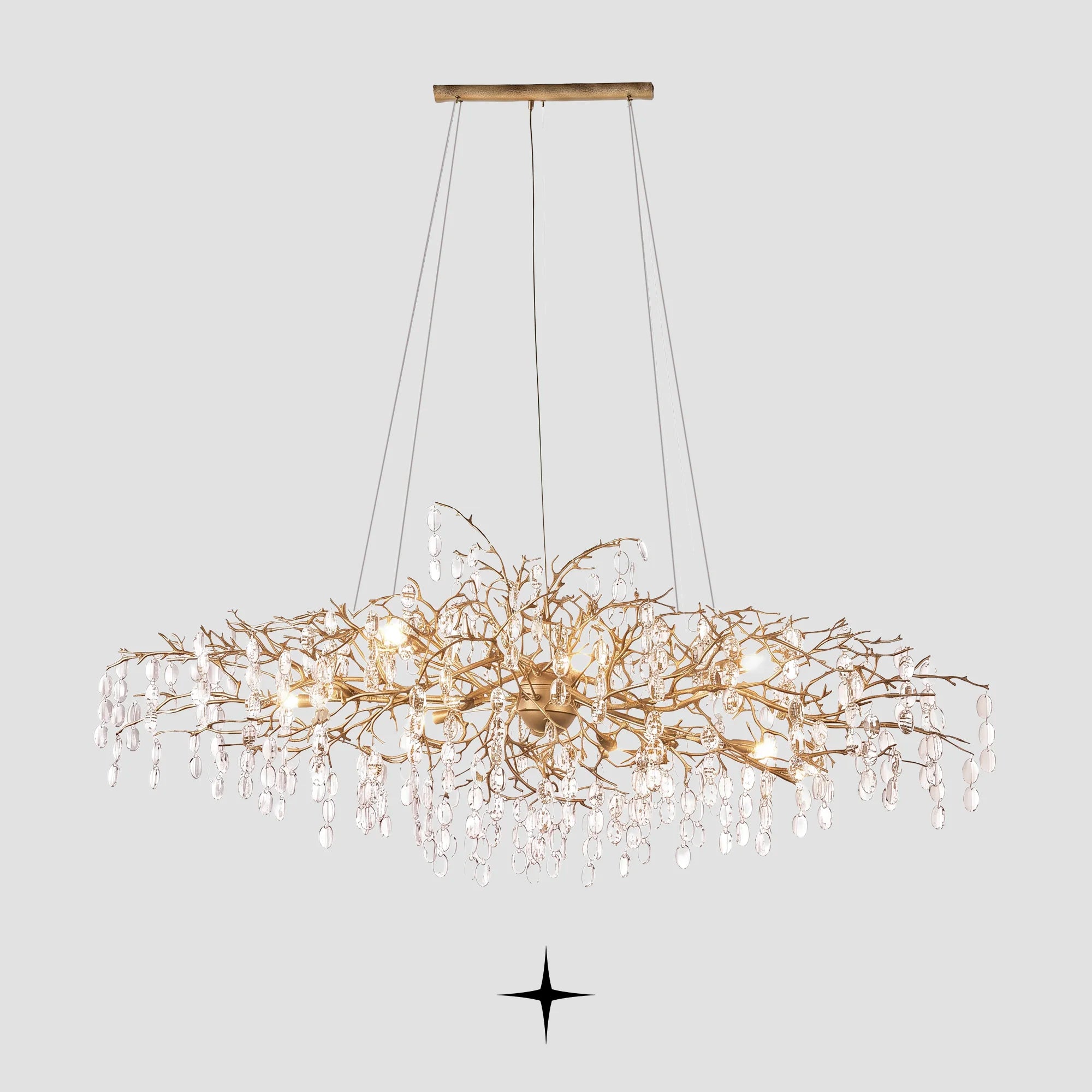 Grand Gloria gilded metal branch chandelier with crystal droplets on light grey background