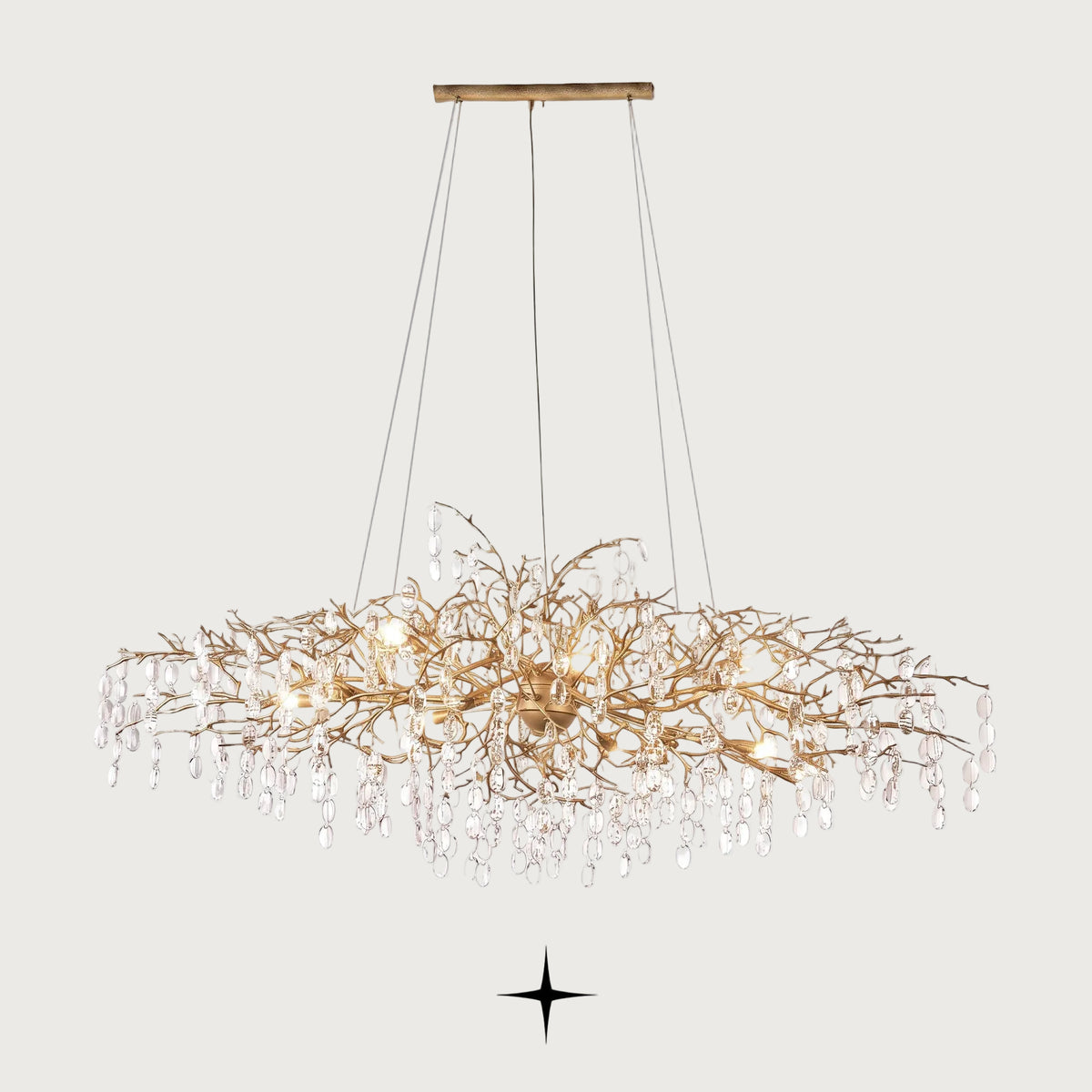 Grand Gloria gilded metal branch chandelier with crystal droplets on light grey background