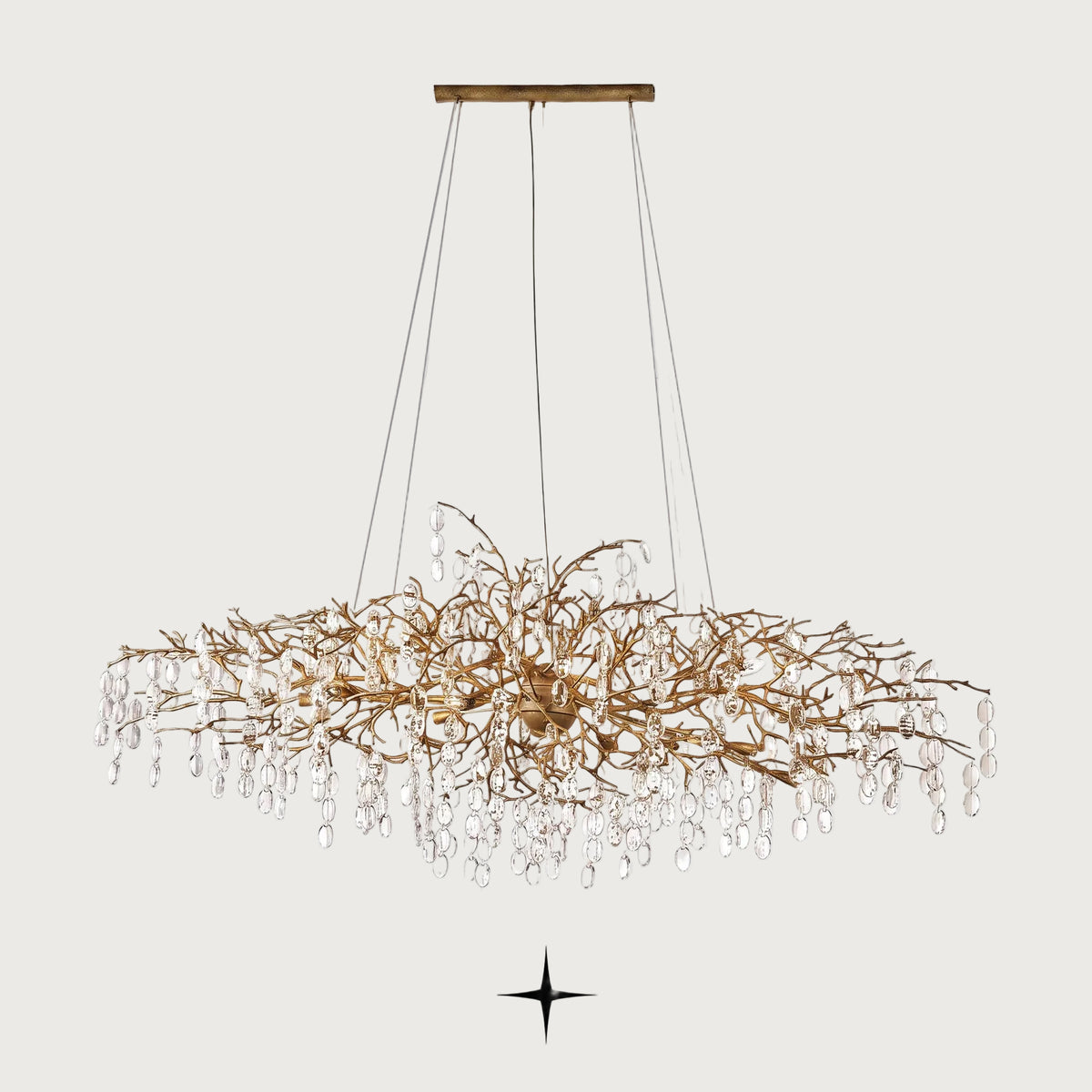 Grand Gloria gilded metal branch chandelier with crystal droplets on light grey background