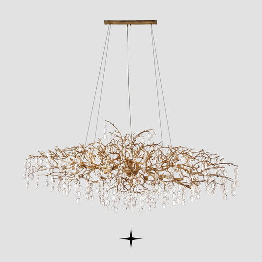 Grand Gloria gilded metal branch chandelier with crystal droplets on light grey background