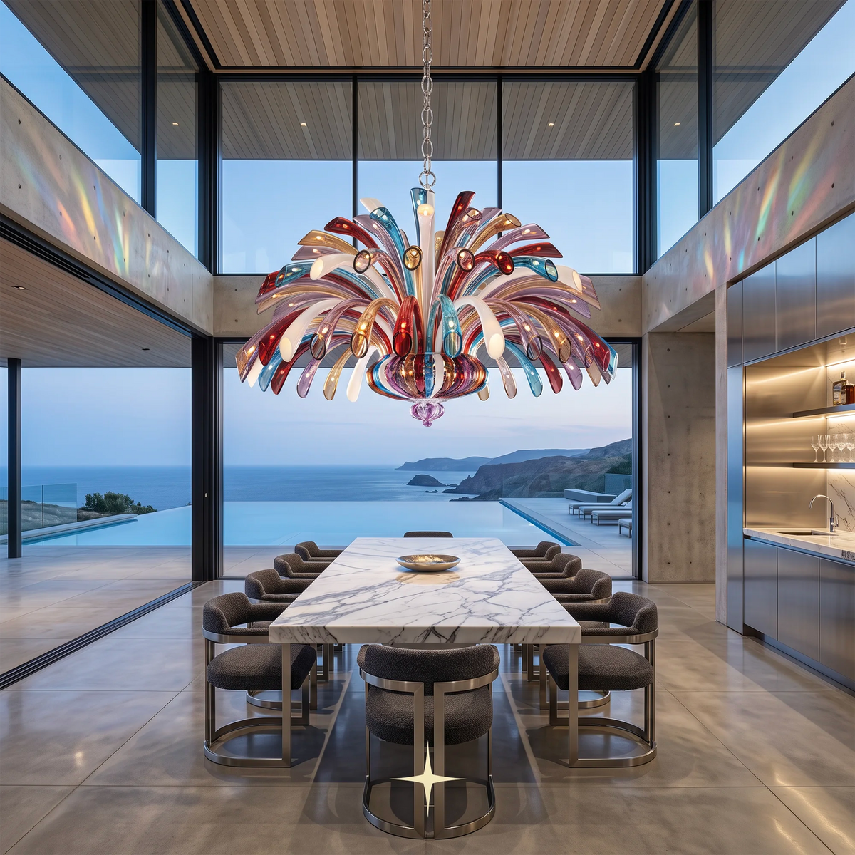 Grand Jasmine Chandelier featuring intricate colorful details available in four stunning sizes including spherical with multicolored glass petal-like elements hangs over a marble dining table and chairs in a modern high-rise dining room with ocean views.
