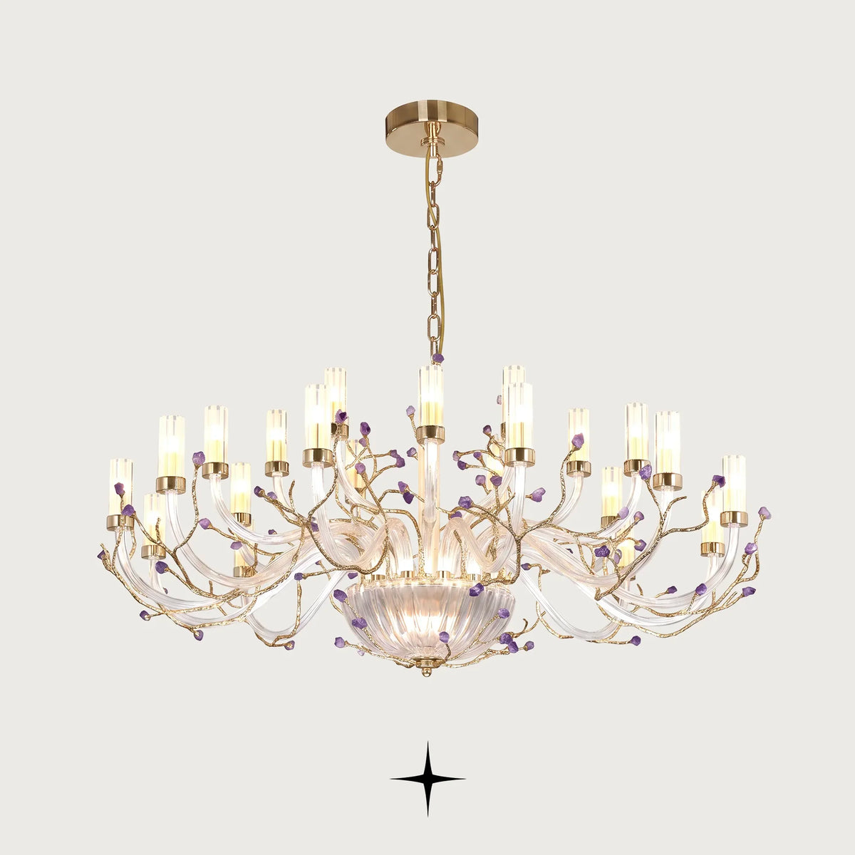 Grand Madison Murano-style chandelier with brass branches and natural purple rock accents on a light grey background