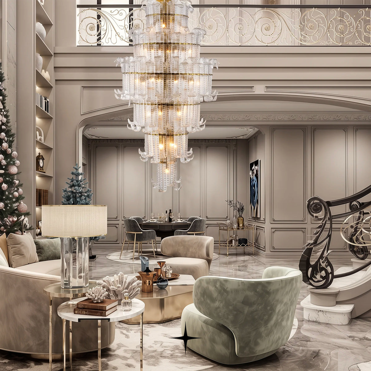 Grand Montreal Murano glass chandelier suspended in a luxury double-height interior