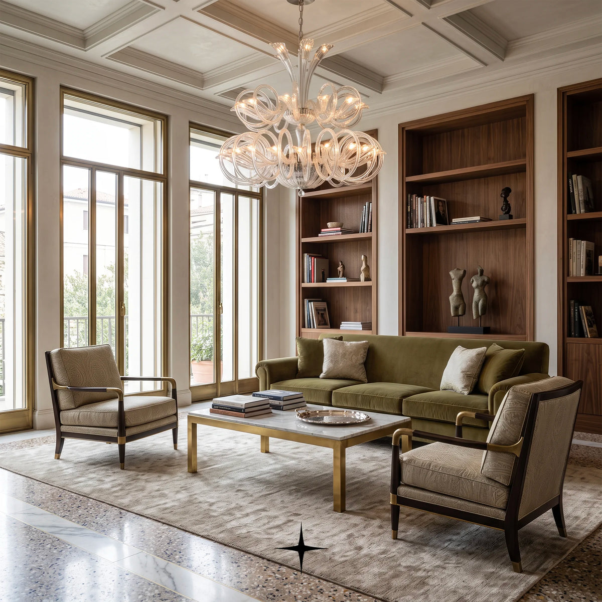 Grand Opal Chandelier featuring circular crystal glass rings gracefully encircling elegant curved arms