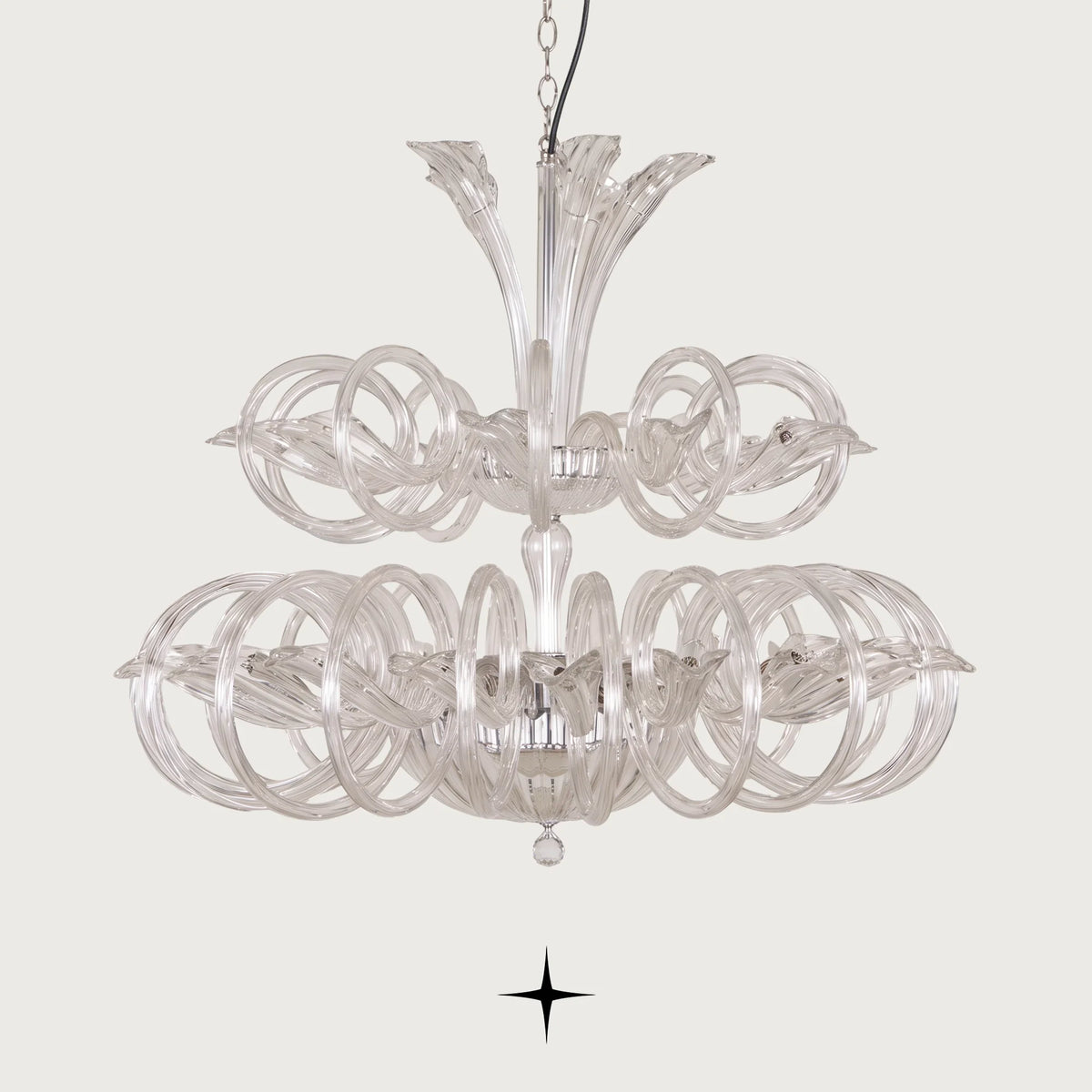 Grand Opal Chandelier featuring circular crystal glass rings gracefully encircling elegant curved arms