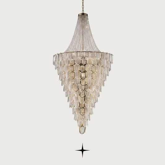 Grand Orlando cascading Murano-style glass leaf chandelier with golden frame on light grey background