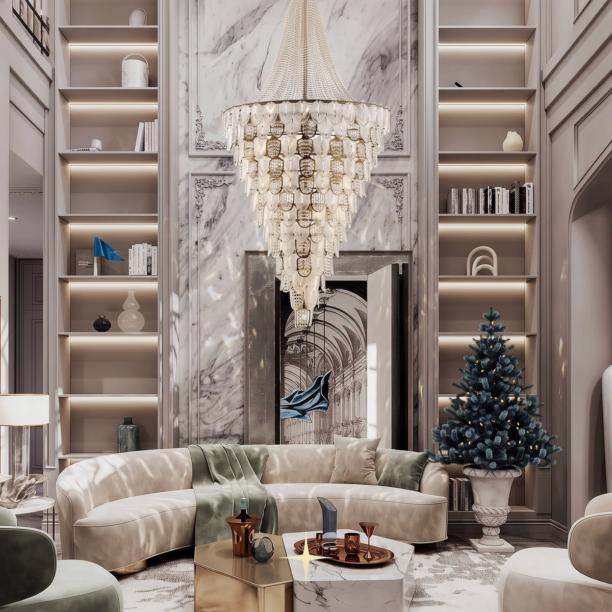 Grand Orlando glass leaf chandelier suspended in a high-ceiling modern luxury living room