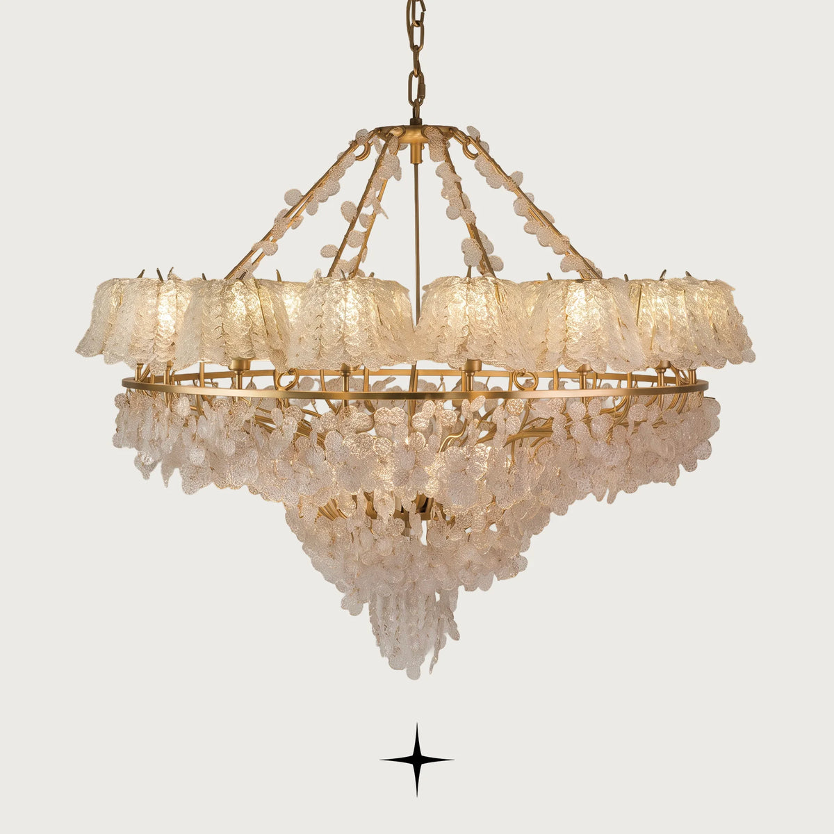 Front view of Grand Oslo golden nickel cascading glass teardrop chandelier on light grey backdrop