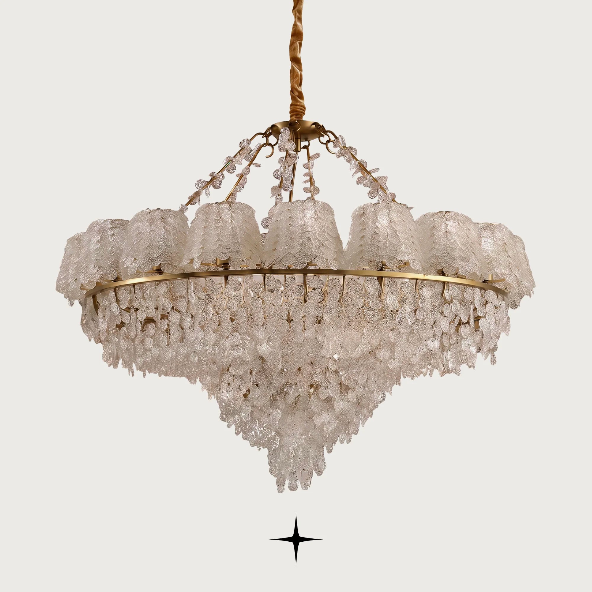 Grand Oslo teardrop Murano-style glass chandelier with golden nickel frame on light grey background