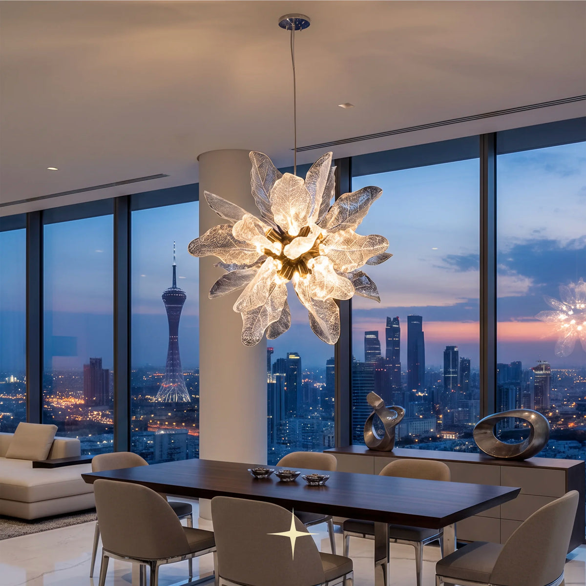 Grand Pristine glass chandelier suspended in a penthouse dining area with city skyline view