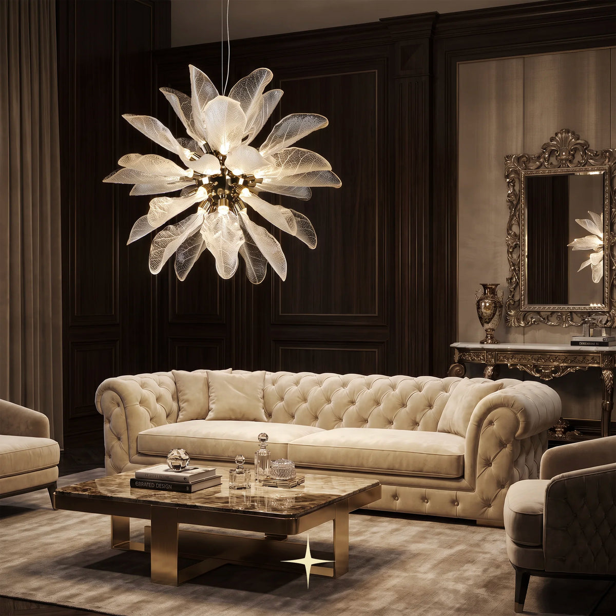 Grand Pristine illuminated Murano glass leaf chandelier in a modern dark luxury lounge