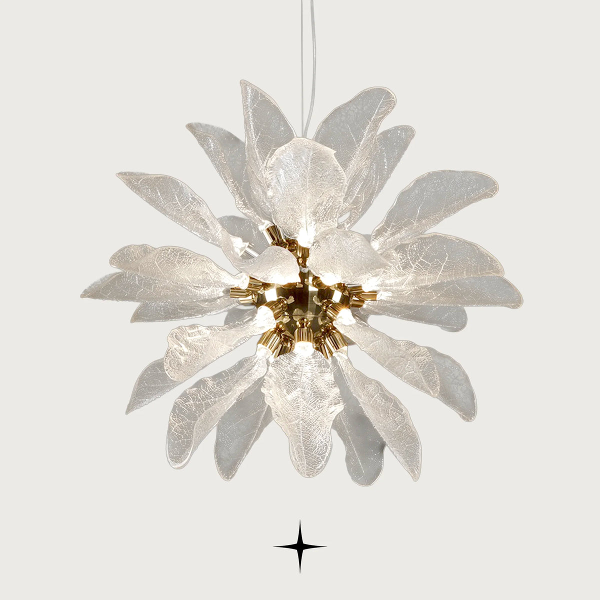 Grand Pristine Murano-style glass leaf chandelier with warm glow on light grey background