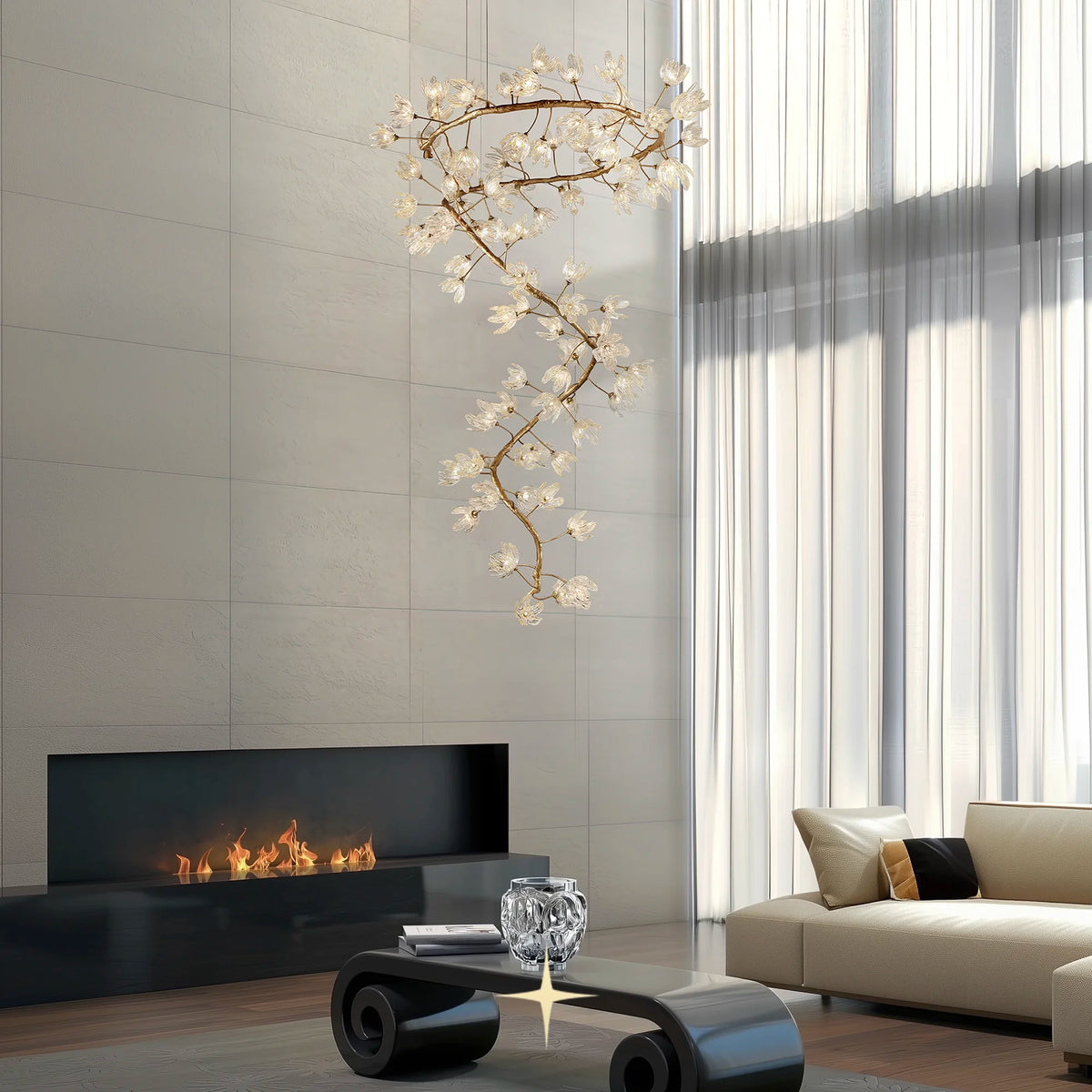 Grand Sakura spiral chandelier installed in a luxury modern double-height living room setting