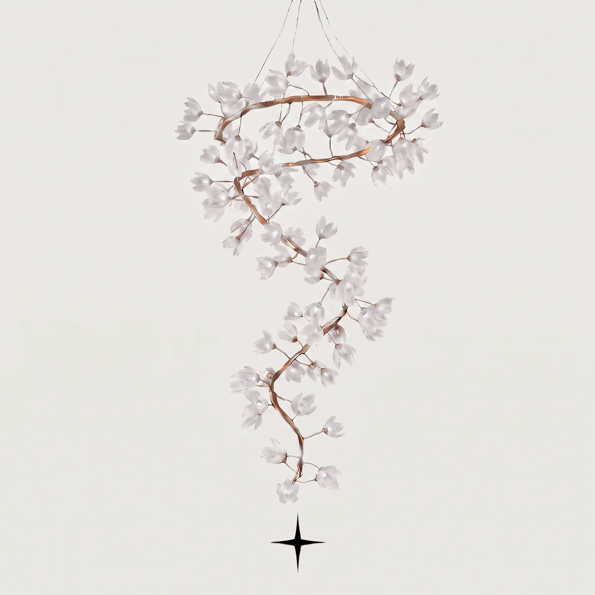 Full view of the Grand Sakura spiral crystal flower chandelier with hand-forged metal branches on a grey background with lights off