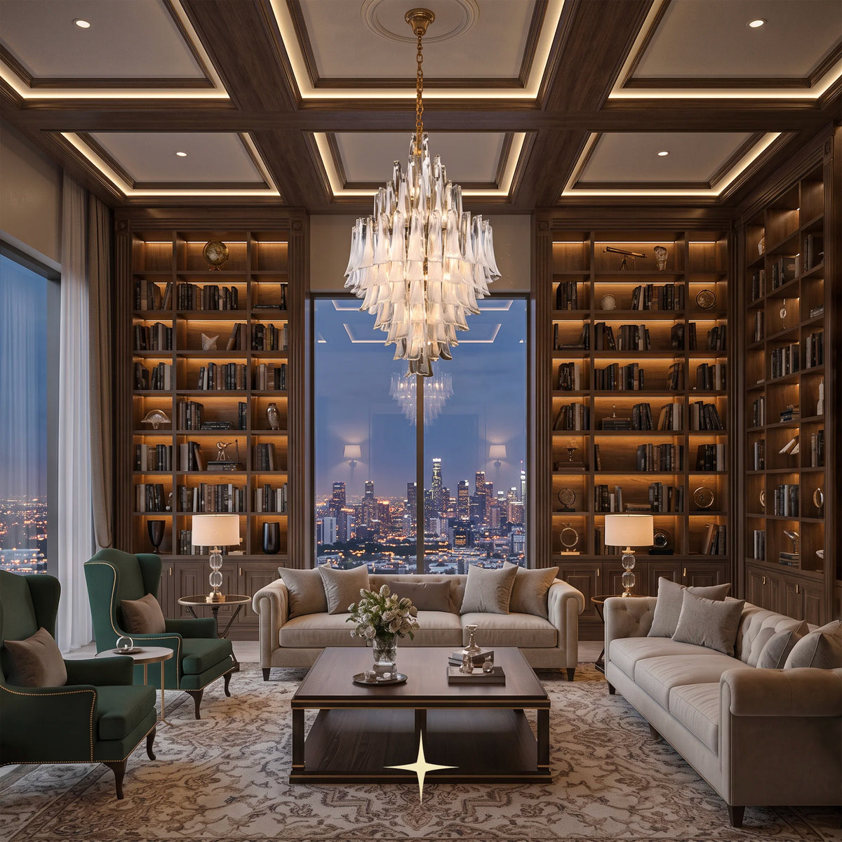 Grand Tranquility tall glass chandelier suspended in a modern luxury high-ceiling space