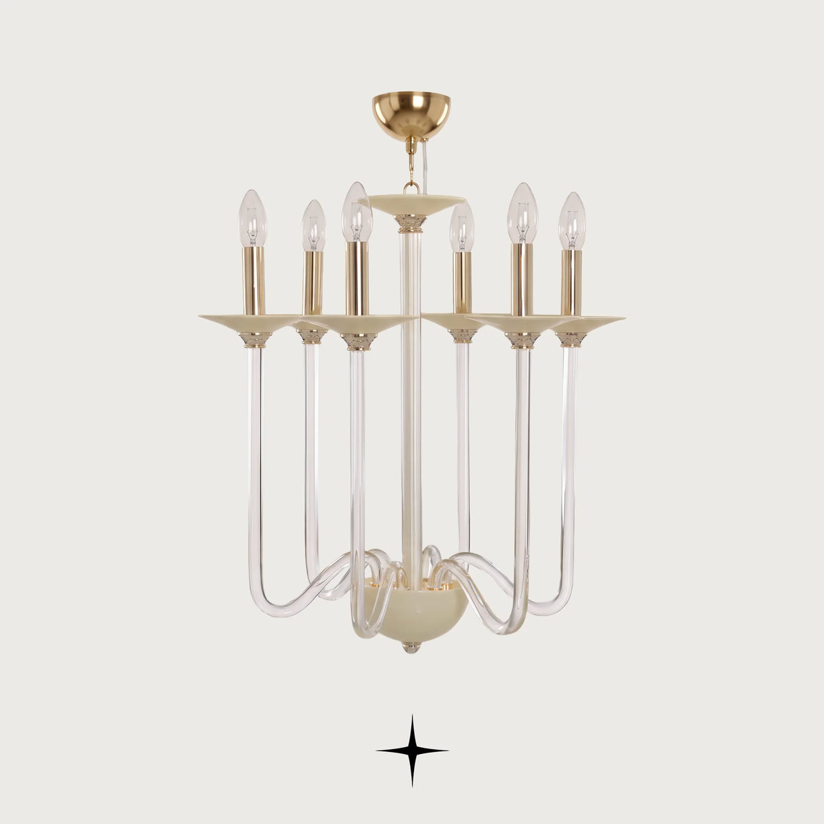 Harmony Chandelier featuring sweeping cream-white glass arms with candle-style lights and brass accents