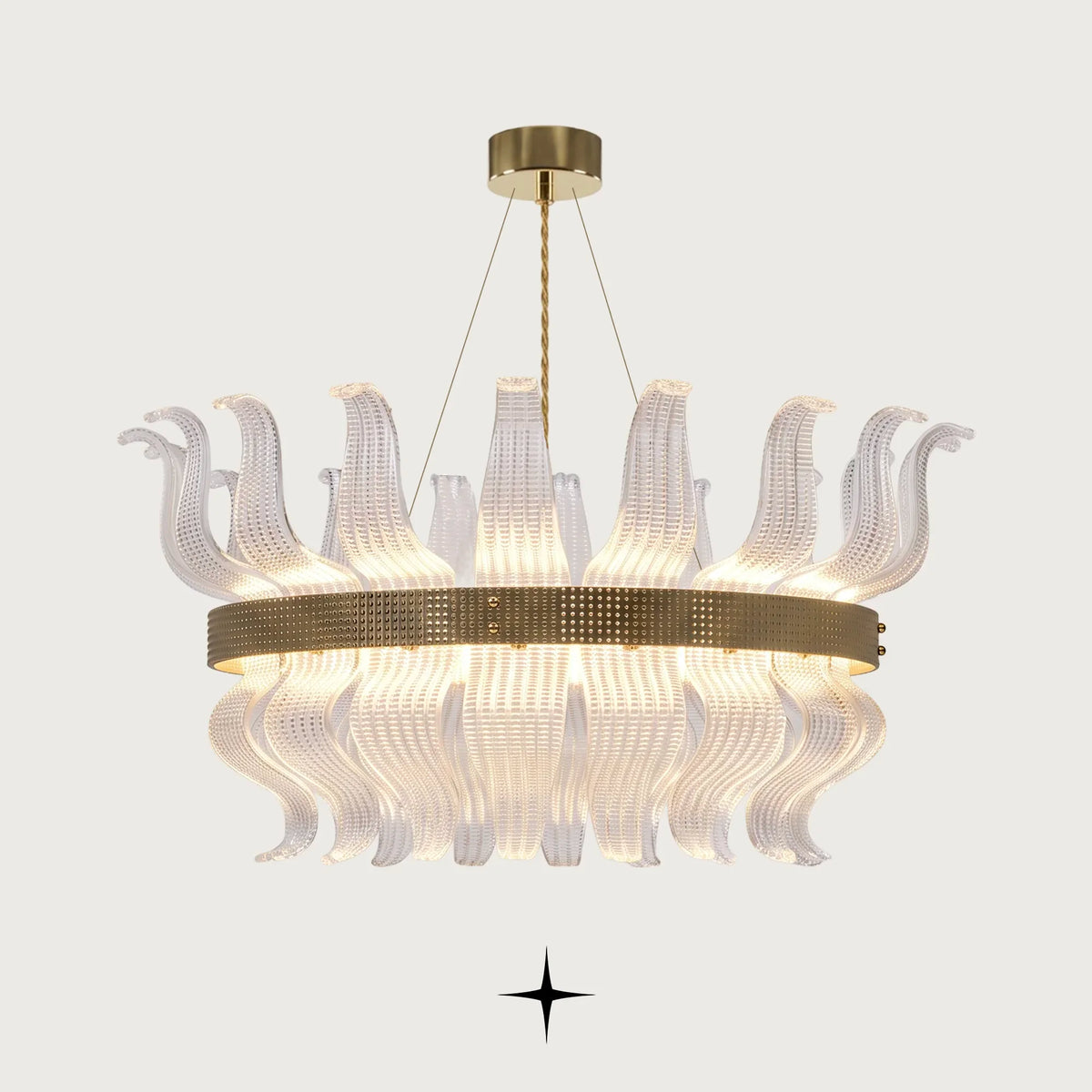 Helena Chandelier featuring Murano-style glass leaves mounted on an elegant golden brass structure inspired by radiant flames