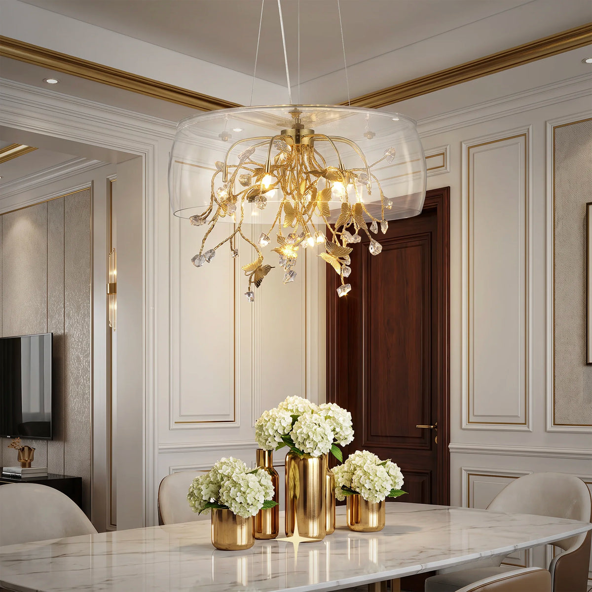 Imagina glass dome butterfly chandelier illuminated in a modern luxury hallway setting