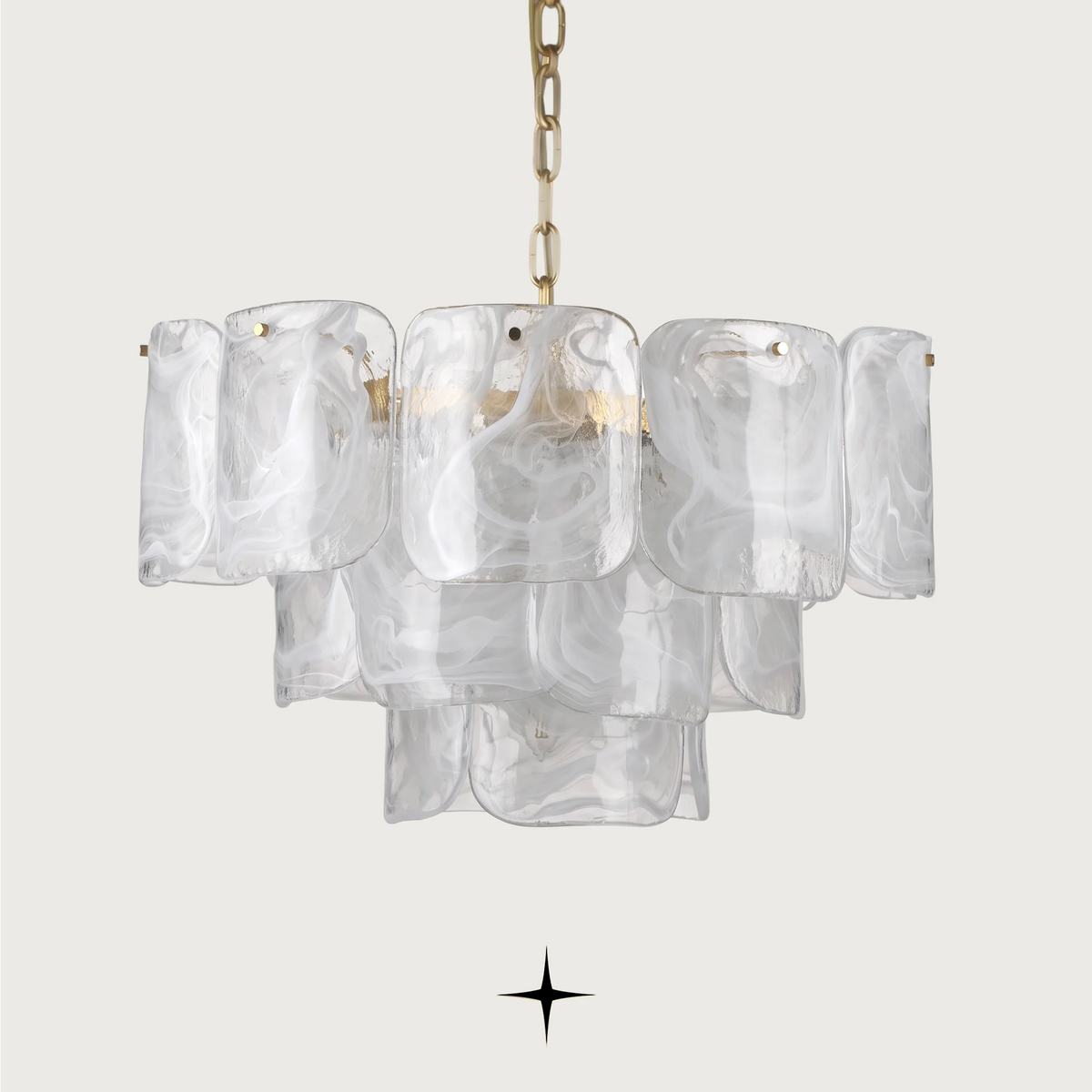 Imara luxury chandelier featuring layered milky crystal glass petals with gold hardware