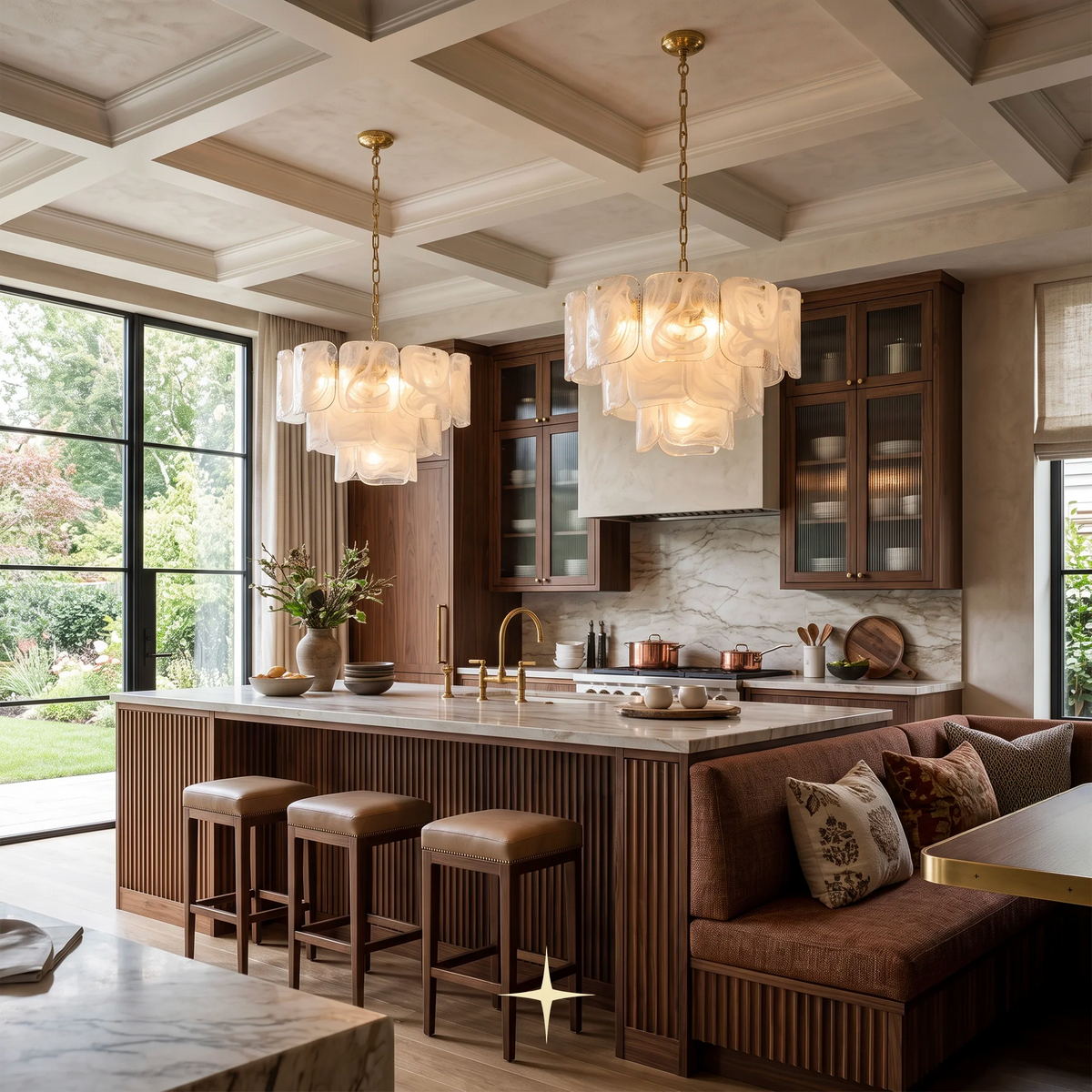A luxury modern kitchen interior featuring two Imara luxury chandelier featuring layered milky crystal glass petals with gold hardware chandelier-style pendant lights with layered translucent white glass petals and gold chains, hanging over a wooden island with three bar stools.