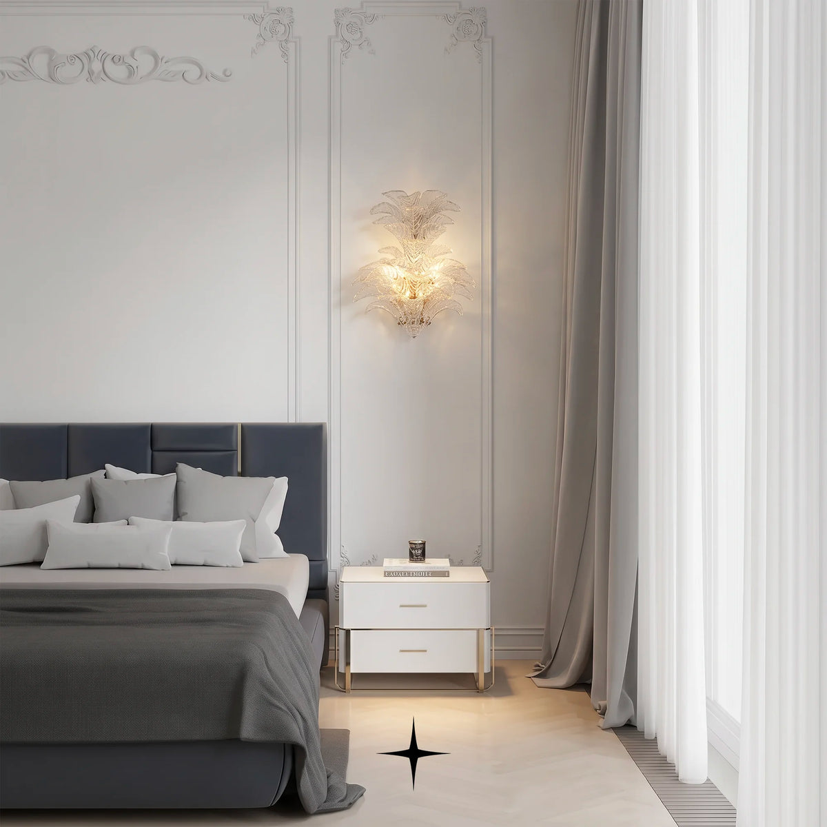 Lavish Madam gold glass wall sconce mounted beside a modern luxury bed