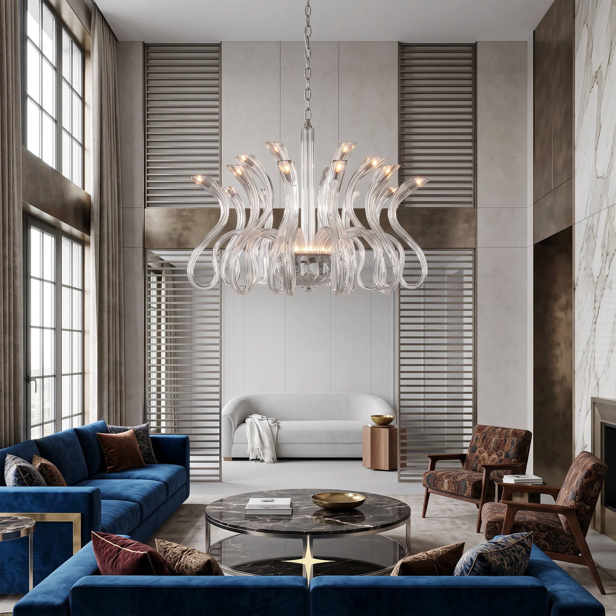 Lavish Amara Chandelier featuring chic elongated crystal arms in a clear luxury design across three sizes