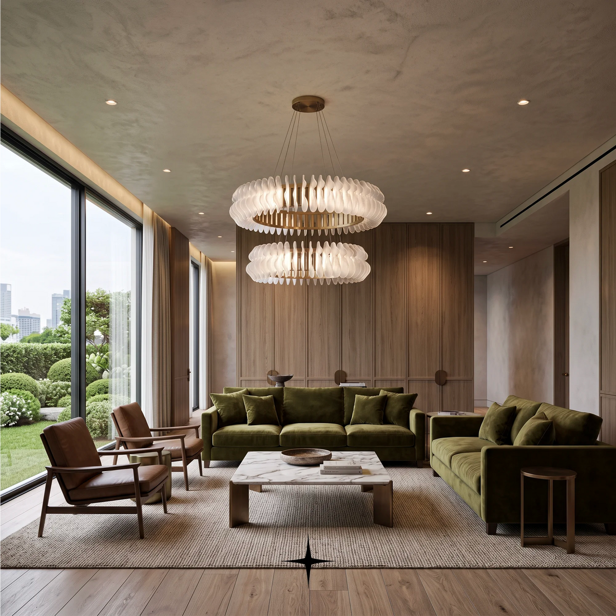 A modern, luxurious living room featuring a Lavish Camilla two-tiered luxury chandelier with gold frame and crystal leaves large dual-tiered wavy glass pendant chandelier hanging over a dark olive green sofa set, a textured beige rug, and warm wood paneling on the walls.