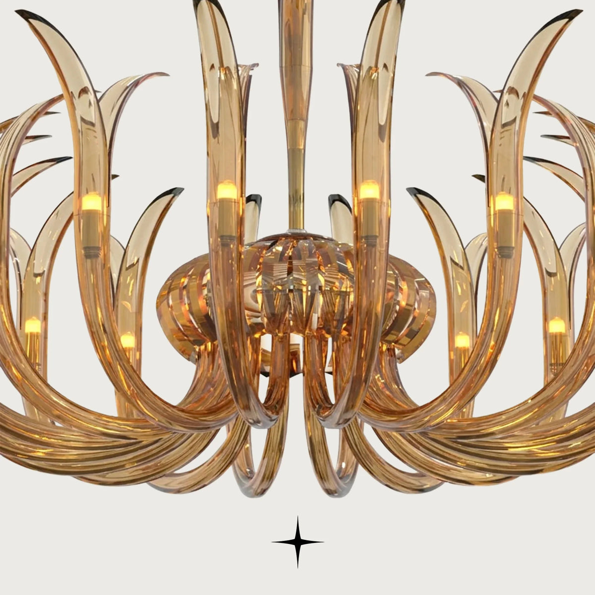Lavish Celine Chandelier featuring golden-amber handcrafted crystal glass arms blooming gracefully upwards