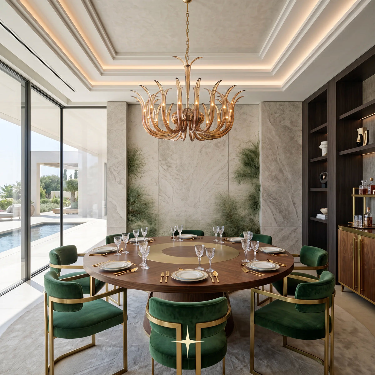 Lavish Celine Chandelier featuring golden-amber handcrafted crystal glass arms blooming gracefully upwards