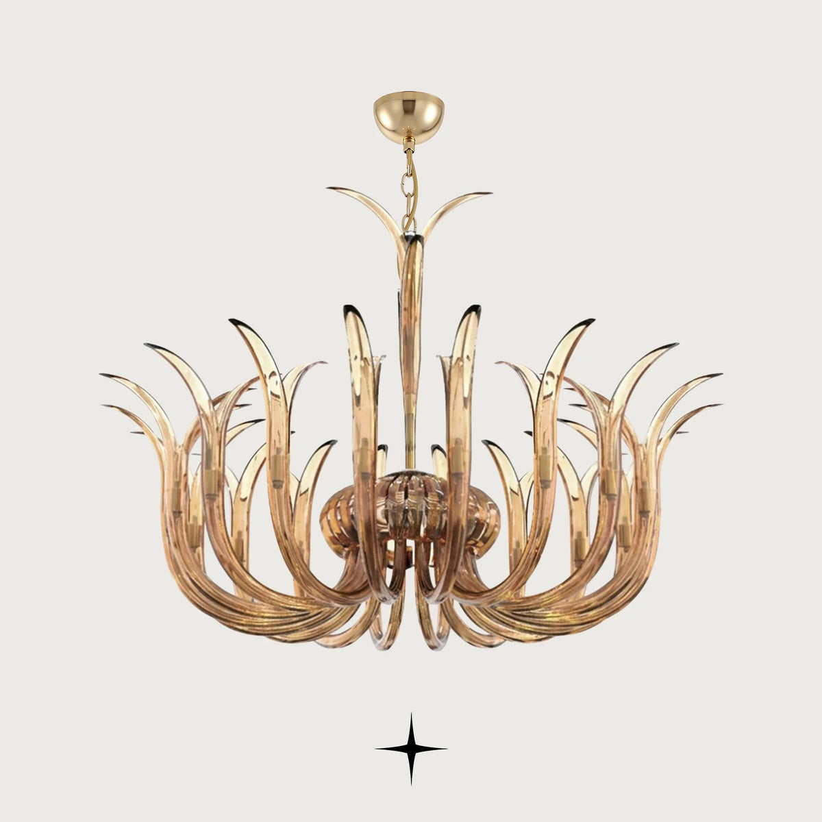 Lavish Celine Chandelier featuring golden-amber handcrafted crystal glass arms blooming gracefully upwards