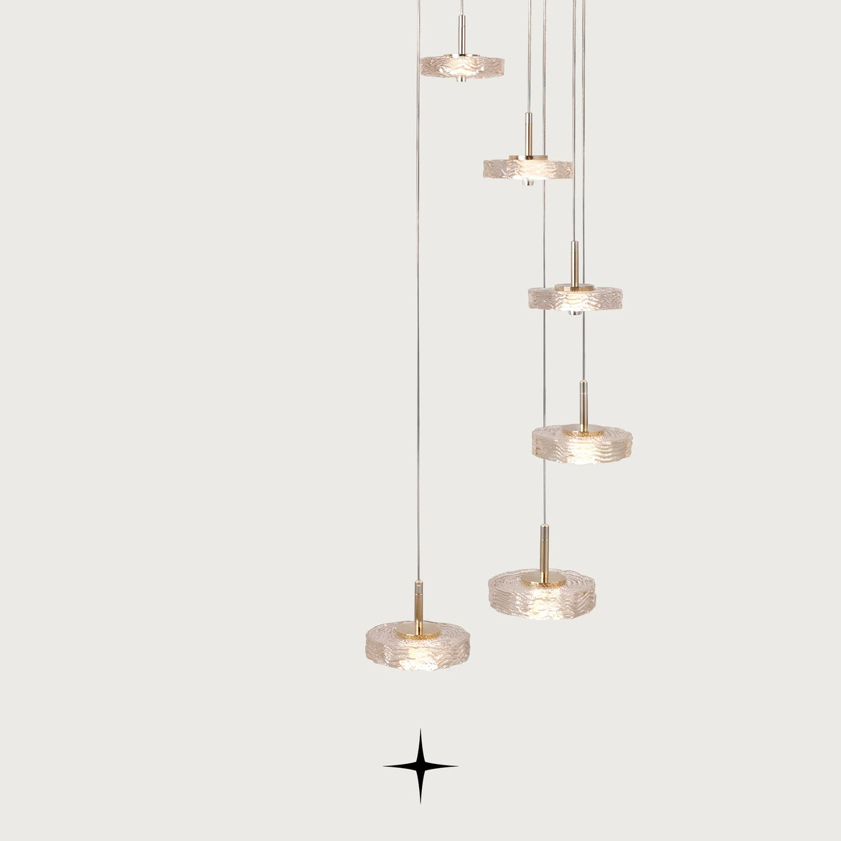 tall Charlotte cascading multi light chandelier with Murano glass discs and golden nickel structure