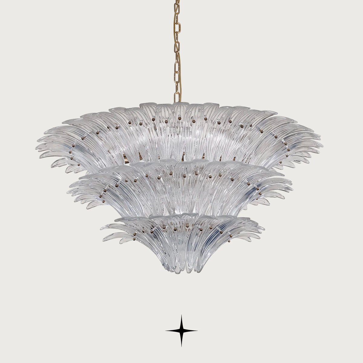 Lavish Crown multi-tier chandelier with clear leaf-shaped Murano style glass and gold canopy