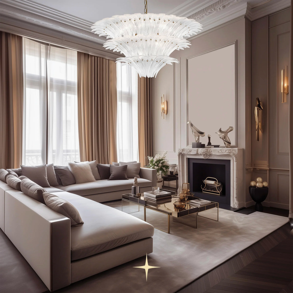Lavish Crown chandelier suspended over a dining table in a contemporary luxury interior