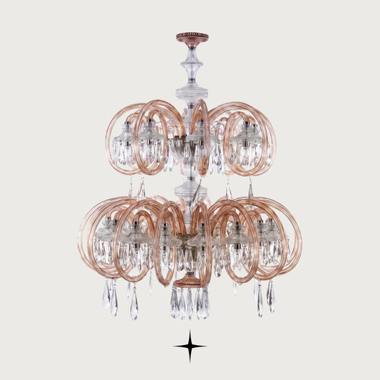 Lavish Elegance multi-tiered circular crystal chandelier with gold rings on light grey background off