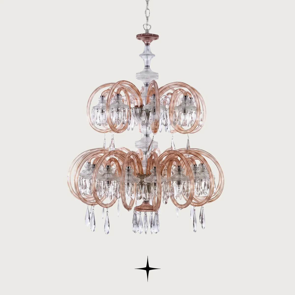 Lavish Elegance multi-tiered circular crystal chandelier with gold rings on light grey background
