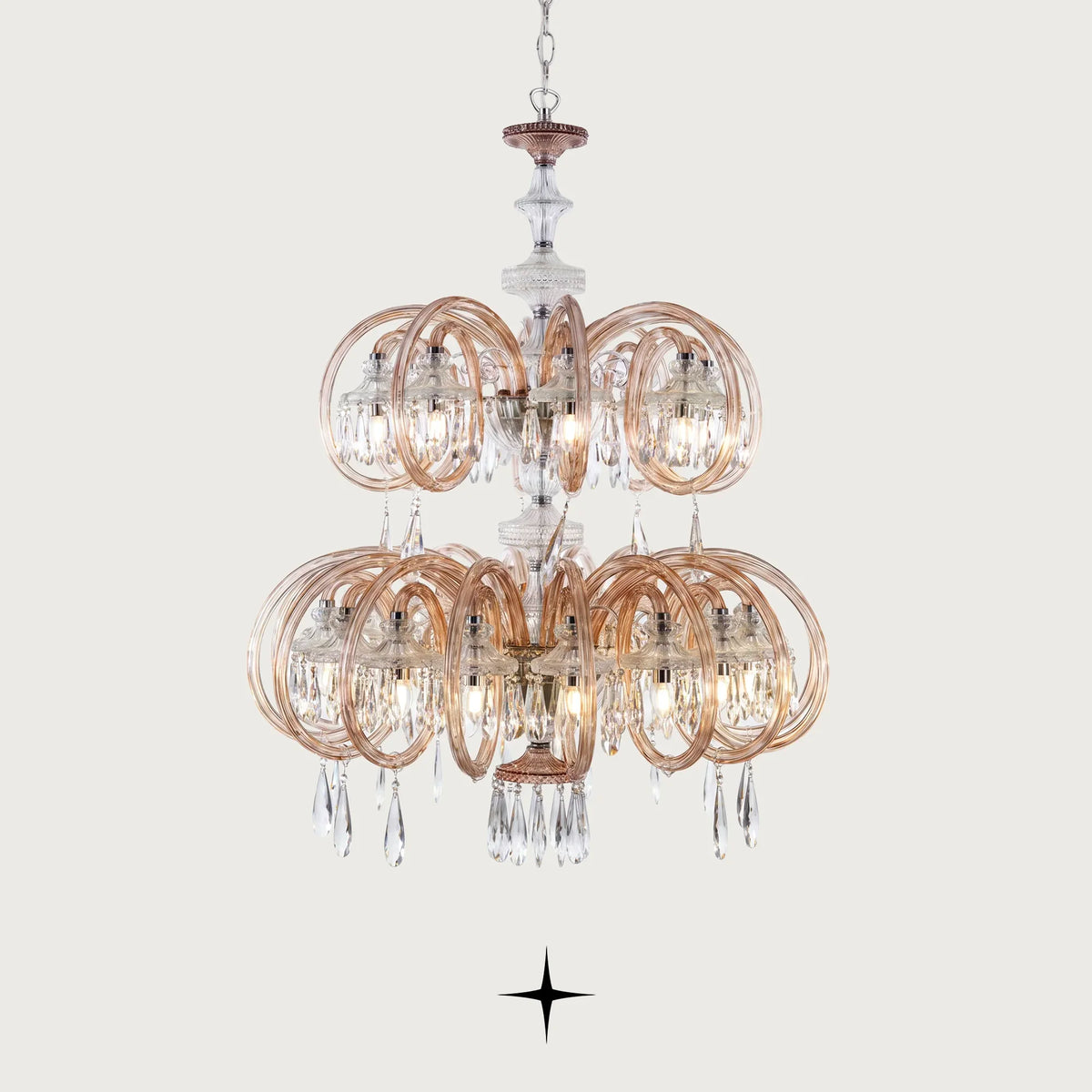 Lavish Elegance multi-tiered circular crystal chandelier with gold rings on light grey background