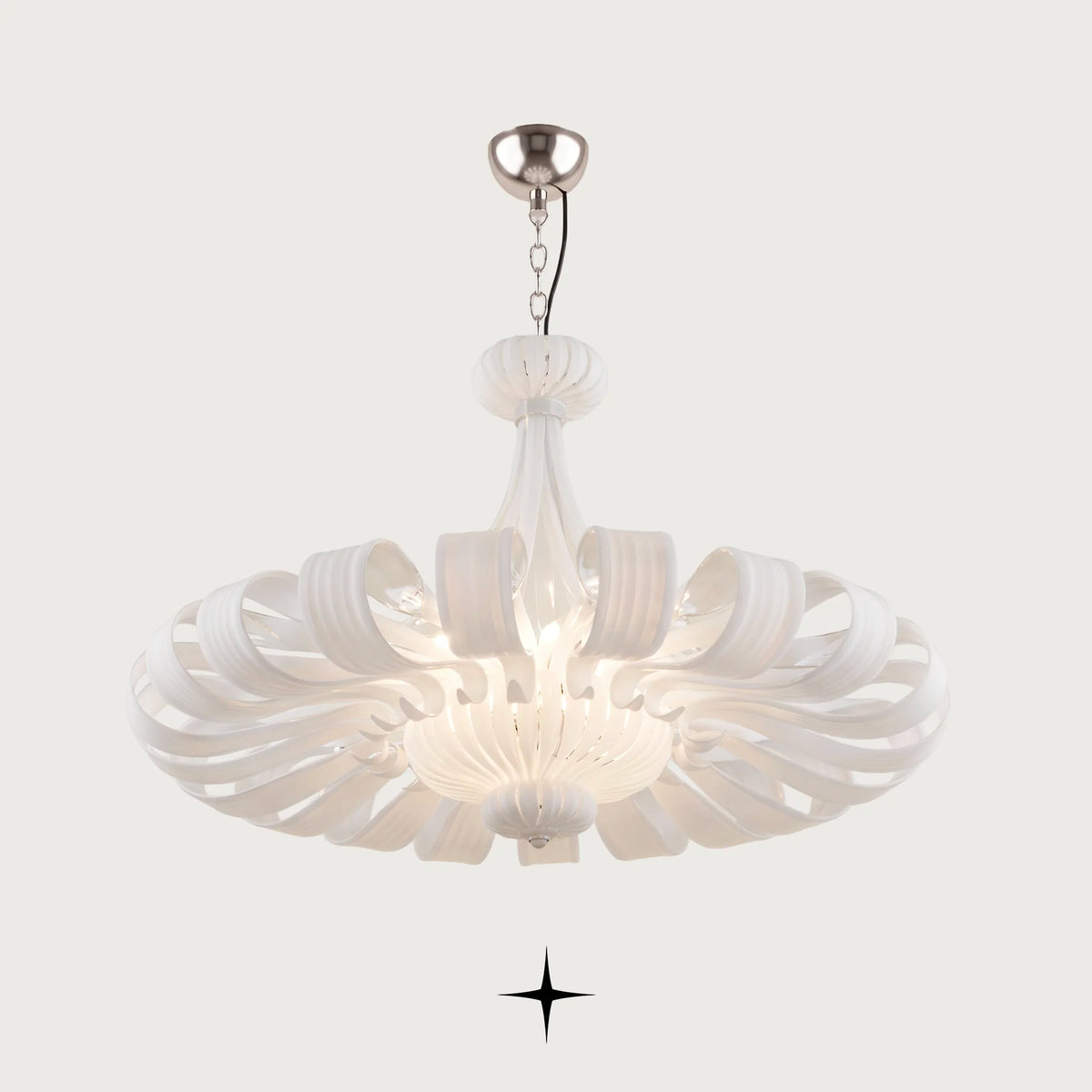 Lavish Georgina Chandelier featuring symmetrical matte white ribboned crystal glass loops in a grand ring design