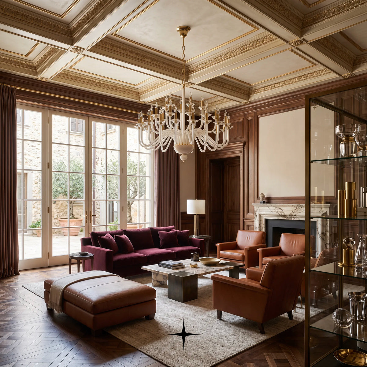 Lavish Harmony Chandelier featuring multi-tiered sweeping white glass arms with candle lights