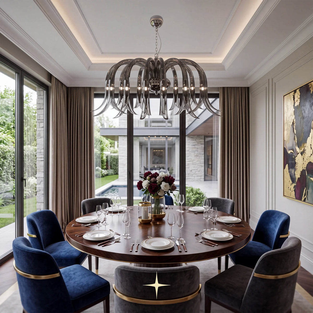 Lavish Isadora Chandelier featuring emerald-green handcrafted crystal glass flower arms facing downward