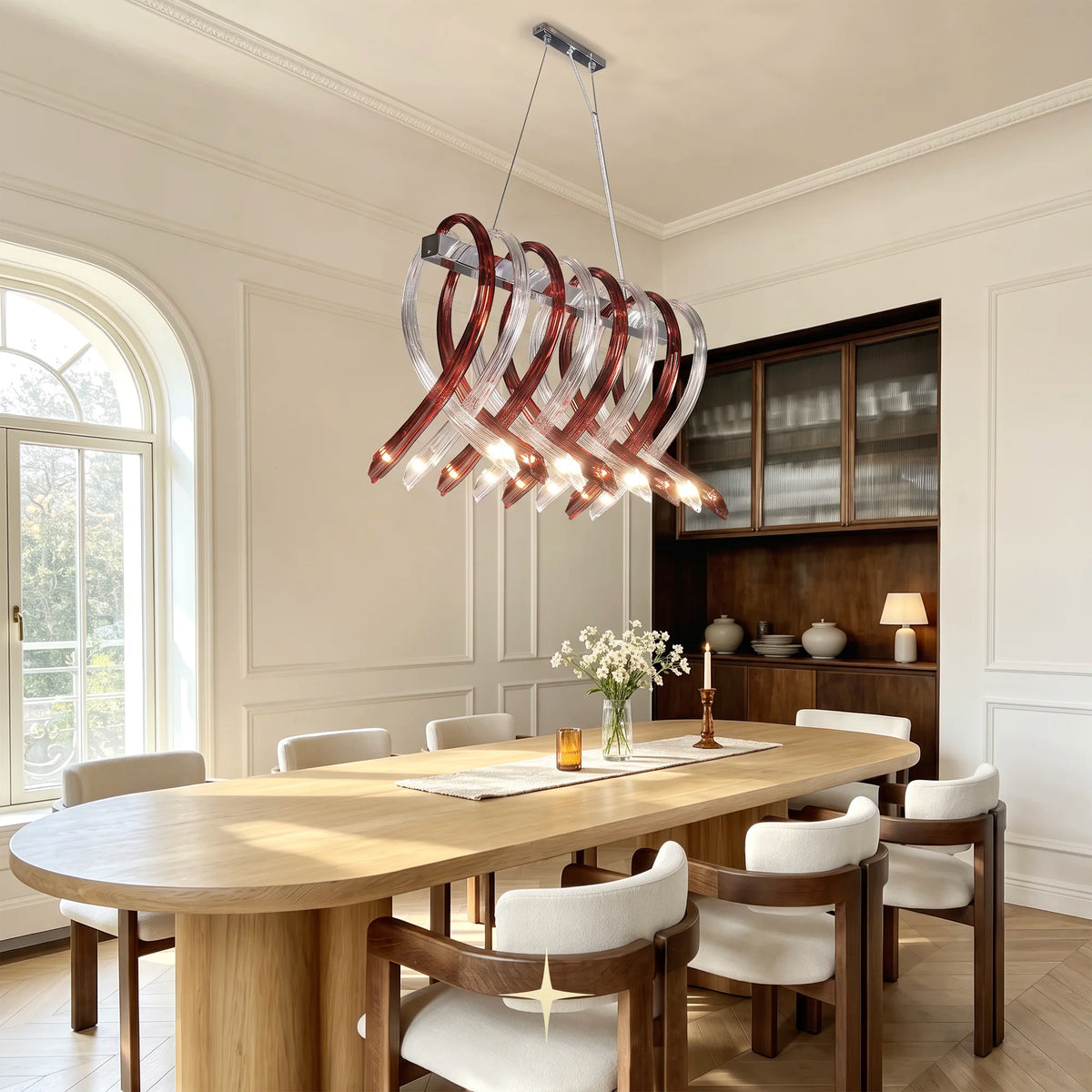 Lavish Linear Twist chandelier featuring post-modern twisted design and striking color accents