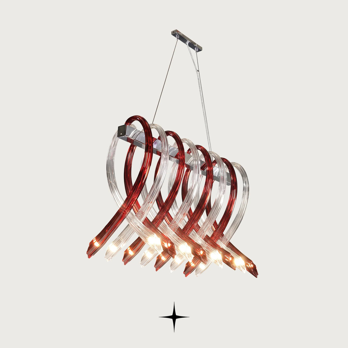 Lavish Linear Twist chandelier featuring post-modern twisted design and striking color accents