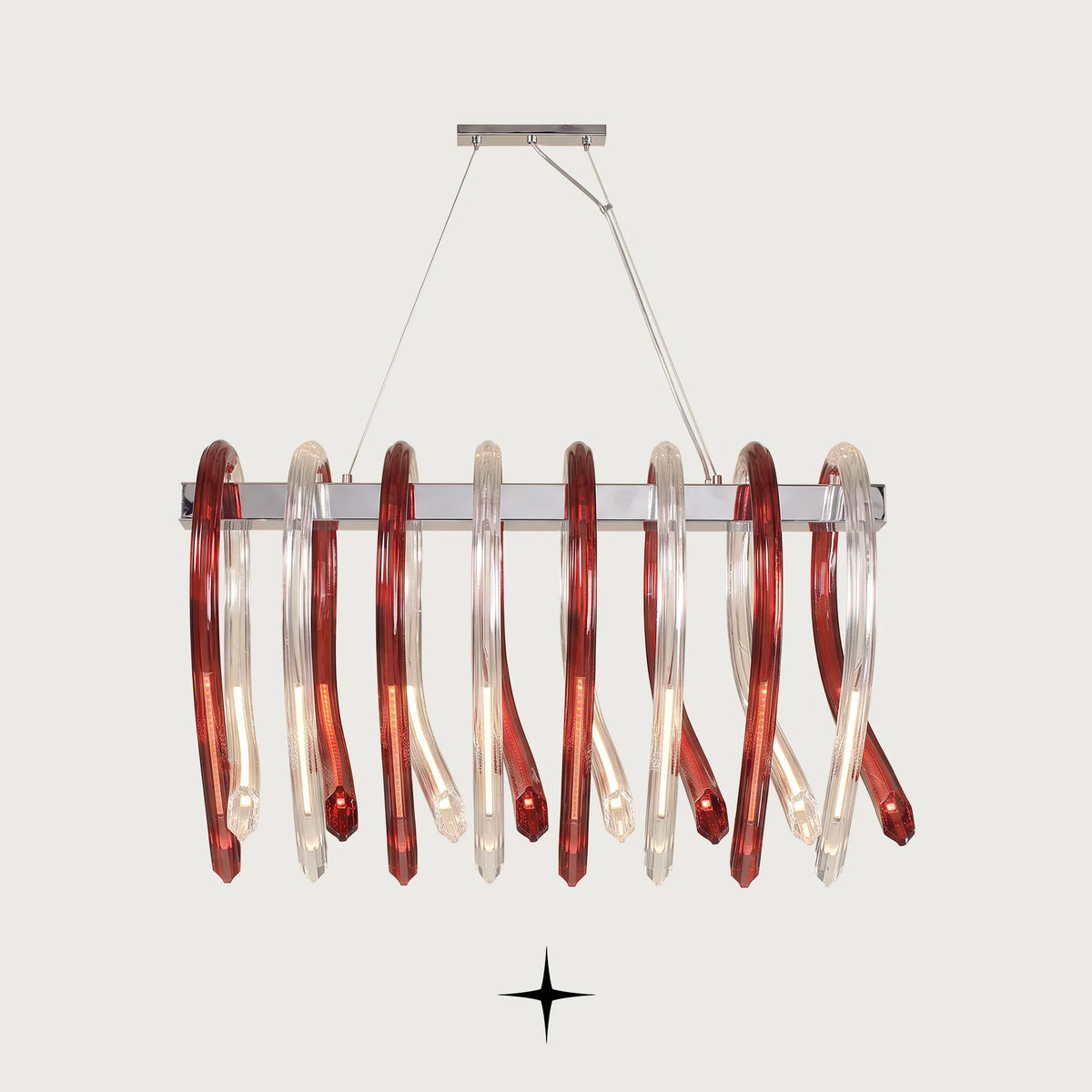 Lavish Linear Twist chandelier featuring post-modern twisted design and striking color accents